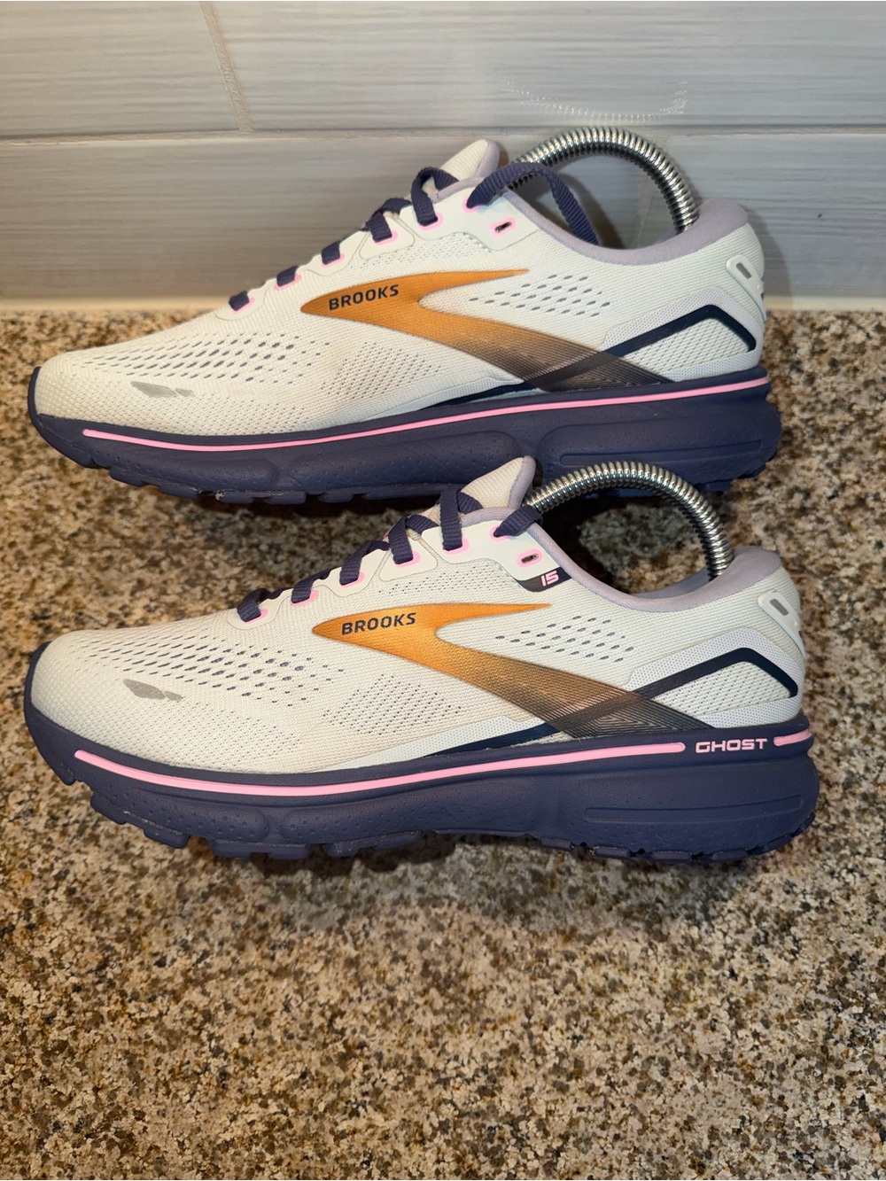 Brooks Ghost Women's Running Shoes - White with Navy & Pink Accents